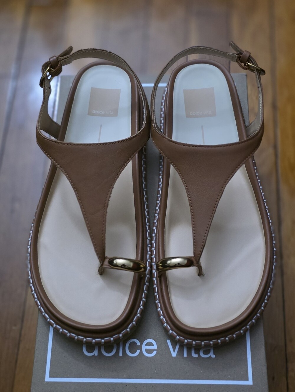 Dolce Vita Brown Leather T-Strap Sandals with Gold Accent